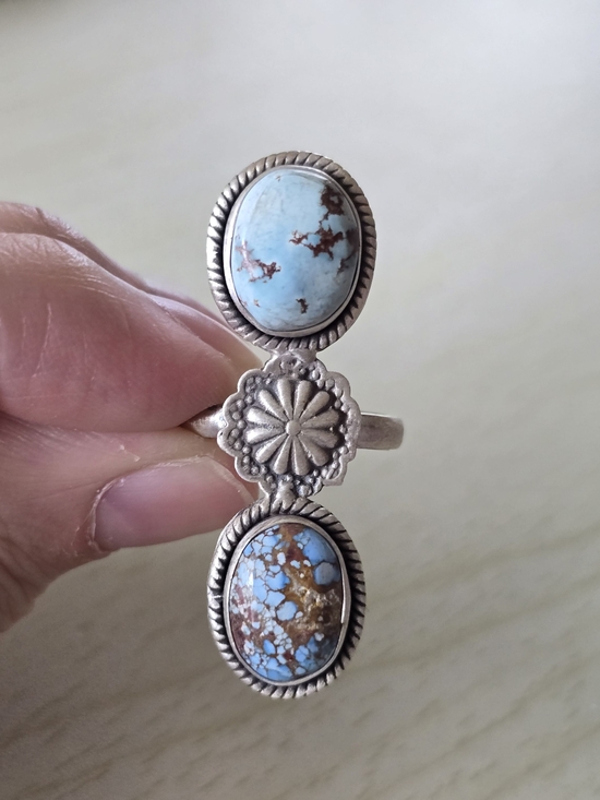 Handmade Jewelry - Golden Hills Turquoise Double Stone Ring In Sterling Silver, Southwestern